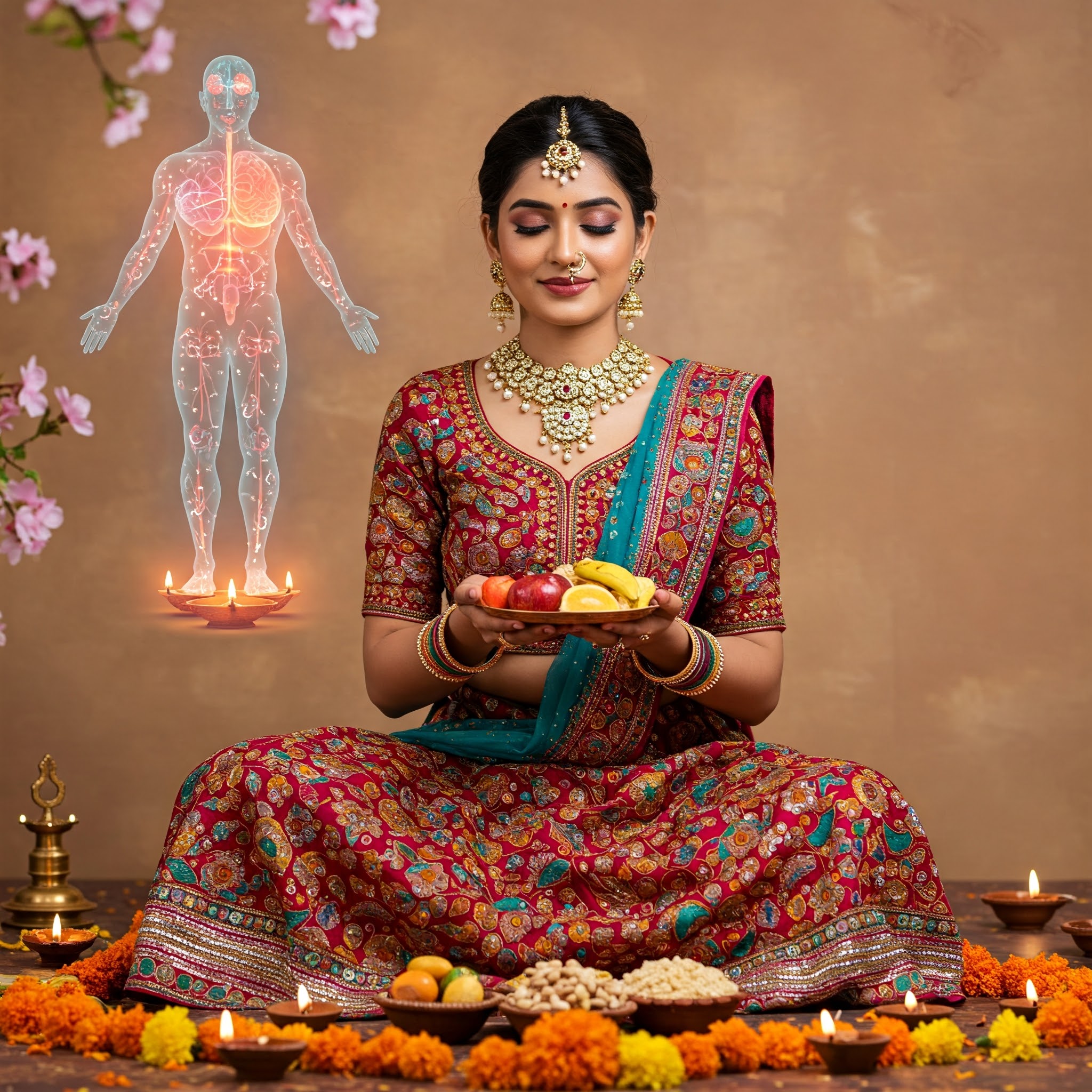 "A woman in a lehenga meditates with a plate of fasting foods, surrounded by diyas and flowers, overlaid with a glowing brain and digestive system silhouette, against a spring-and-autumn backdrop."
