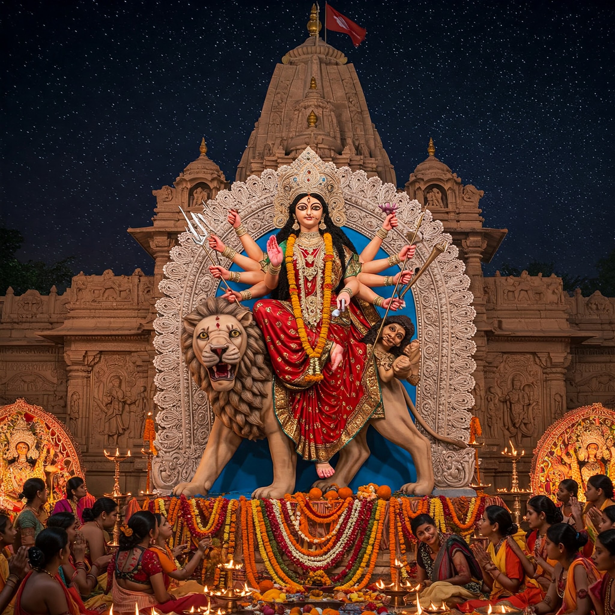 "माँ दुर्गा सिंह पर सवार, शस्त्र और कमल लिए, दीयों और भक्तों से घिरी हुई, मंदिर और तारों भरे आकाश के साथ।"