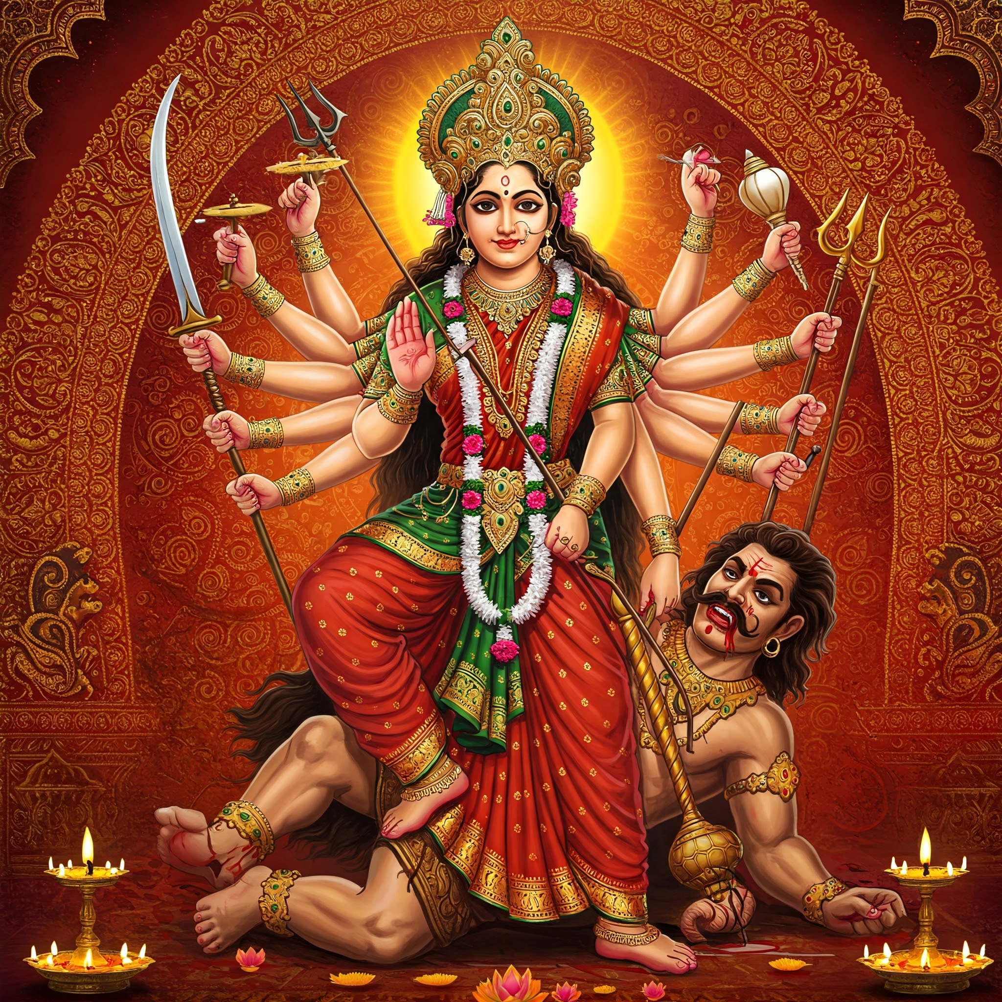 "माँ दुर्गा महिषासुर का वध करती हुई, दस हाथों में शस्त्र लिए, तेजस्वी चेहरा, लाल-सुनहरे पृष्ठभूमि के साथ।"