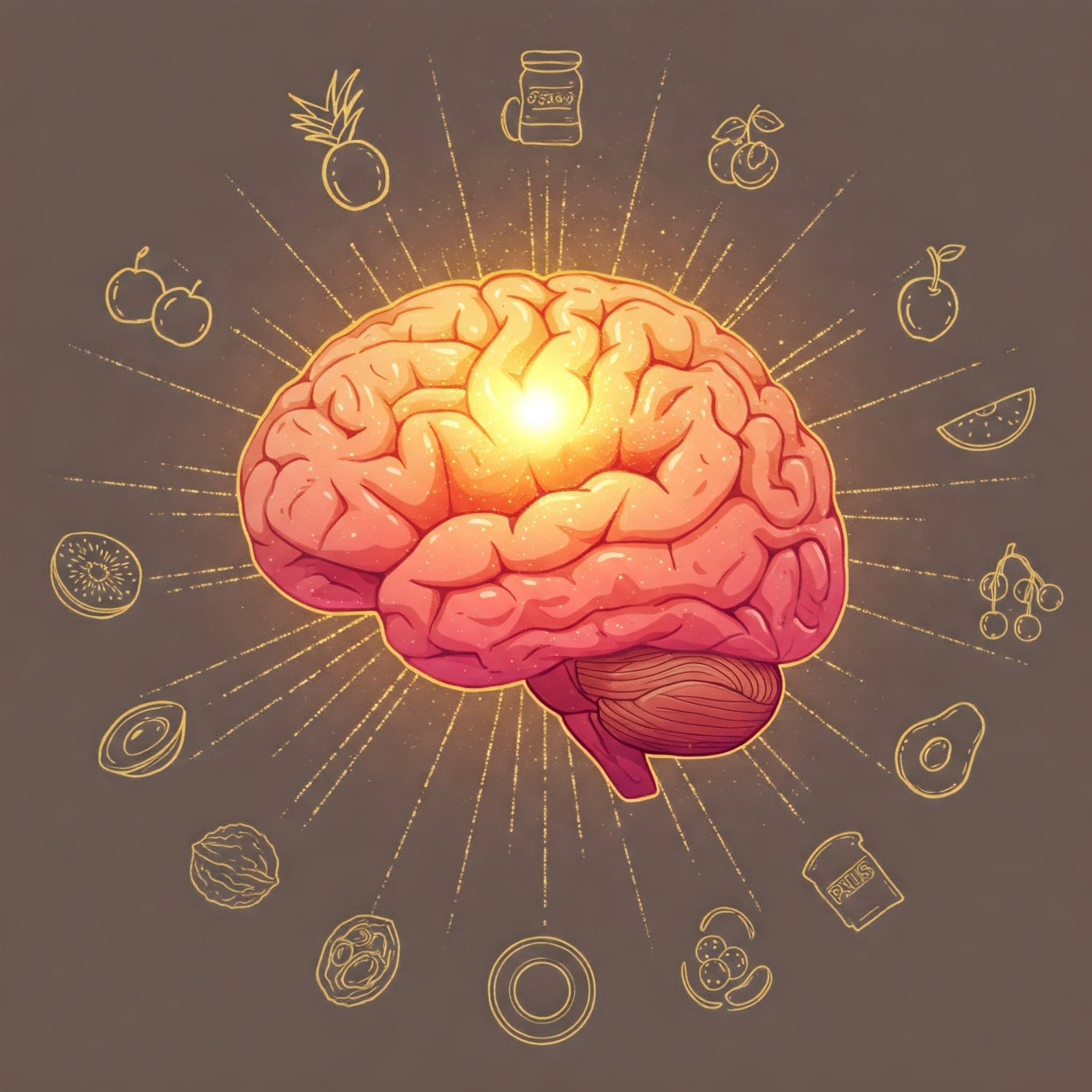 "A glowing golden brain is surrounded by faint outlines of fruits, nuts, and neural pathways, symbolizing mental clarity from fasting.