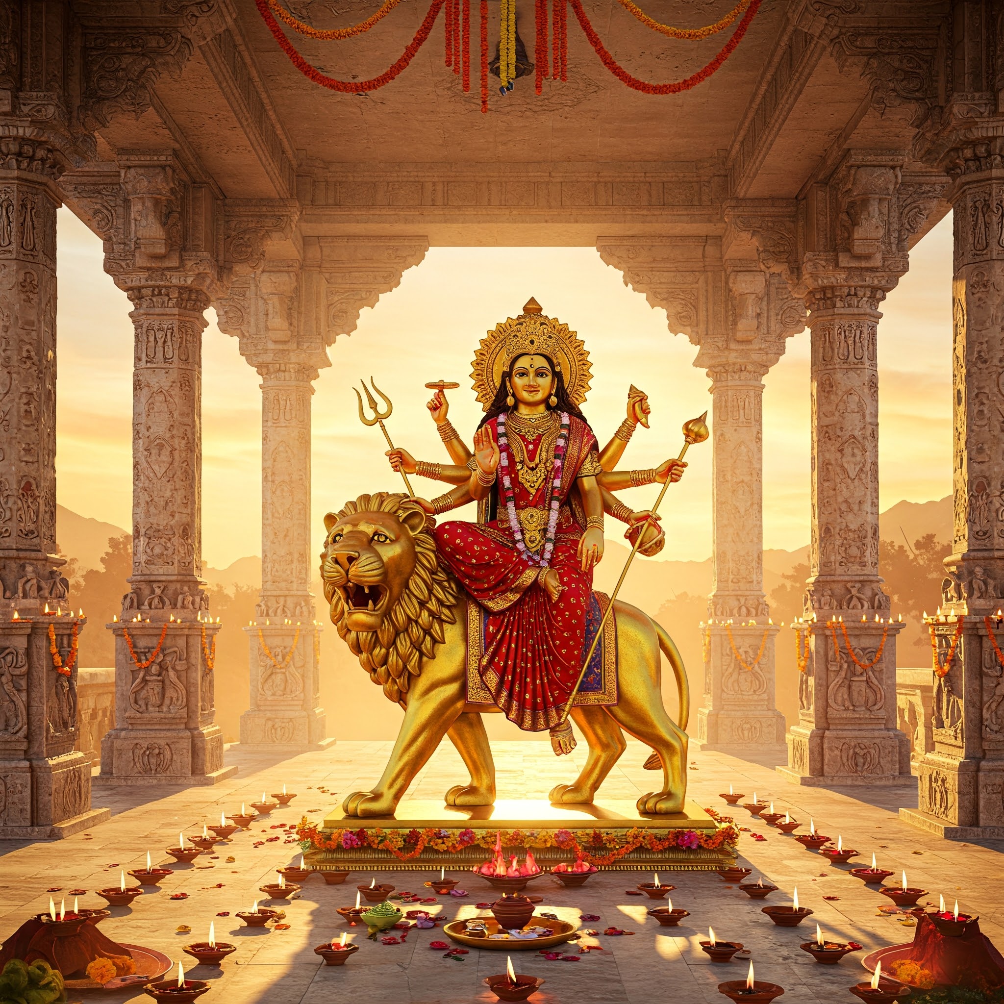 "माँ दुर्गा की सुनहरी मूर्ति सिंह पर सवार, त्रिशूल और खड्ग के साथ, दीयों और माला से सजे मंदिर के सामने, नारंगी आकाश के साथ।