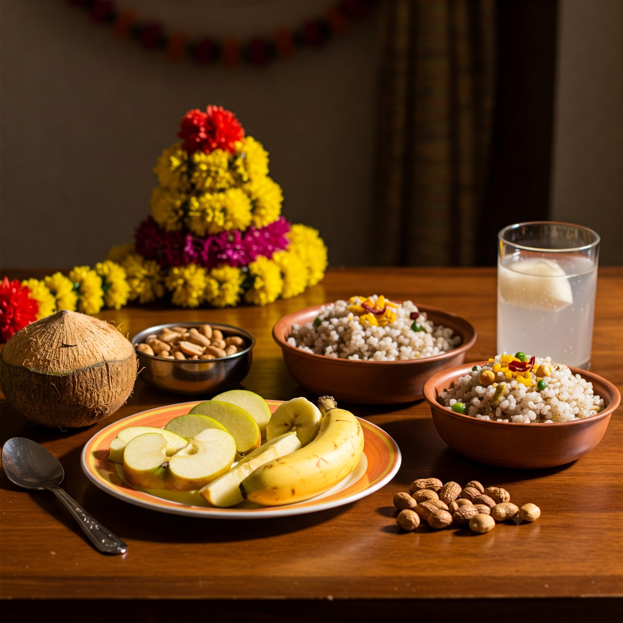 "A wooden table displays a vibrant Navratri fasting meal with sliced apples, bananas, a bowl of sabudana khichdi, roasted peanuts, and a glass of coconut water, framed by a festive garland."
