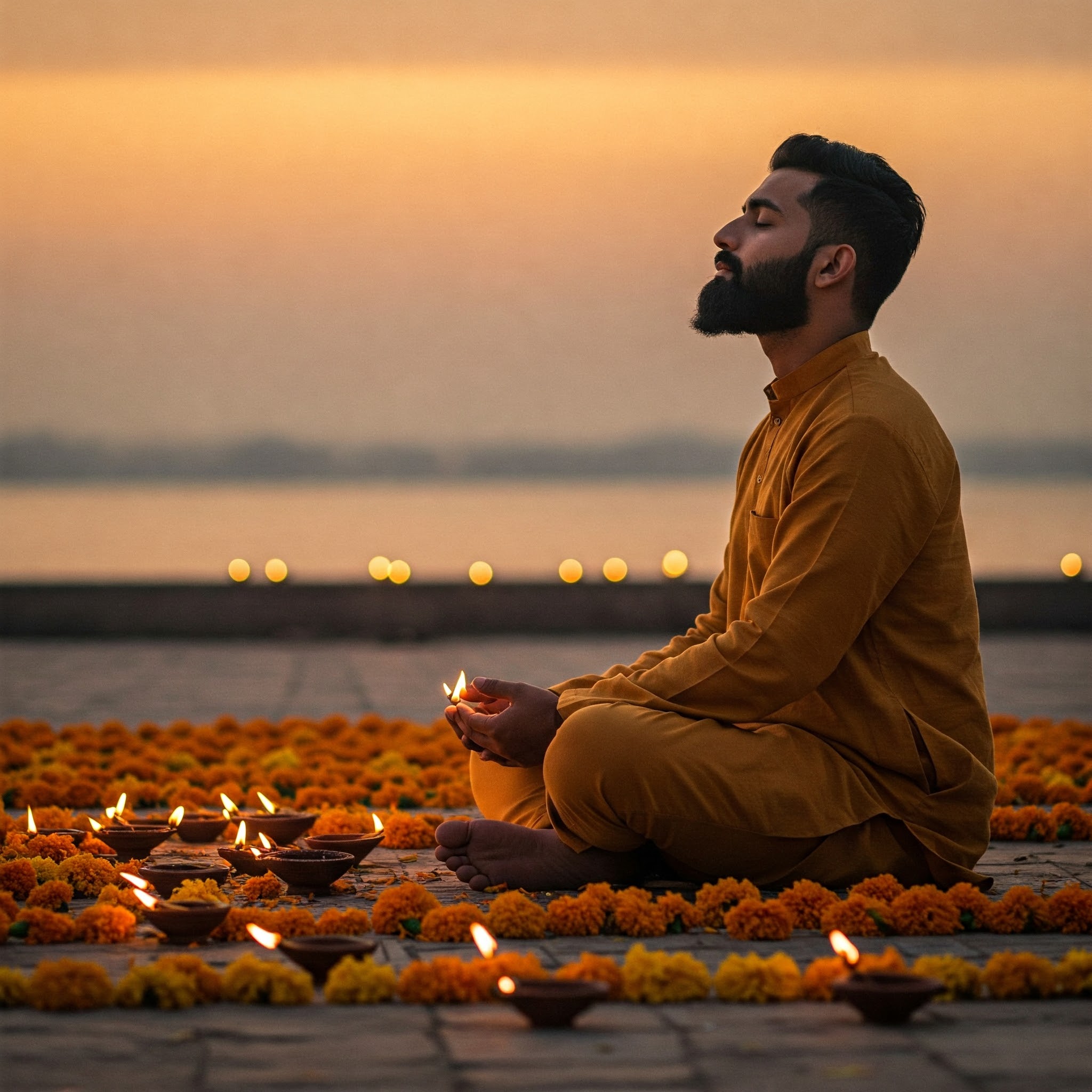 "A person meditates cross-legged amidst glowing diyas and marigold flowers, with a soft dawn light illuminating the tranquil scene."