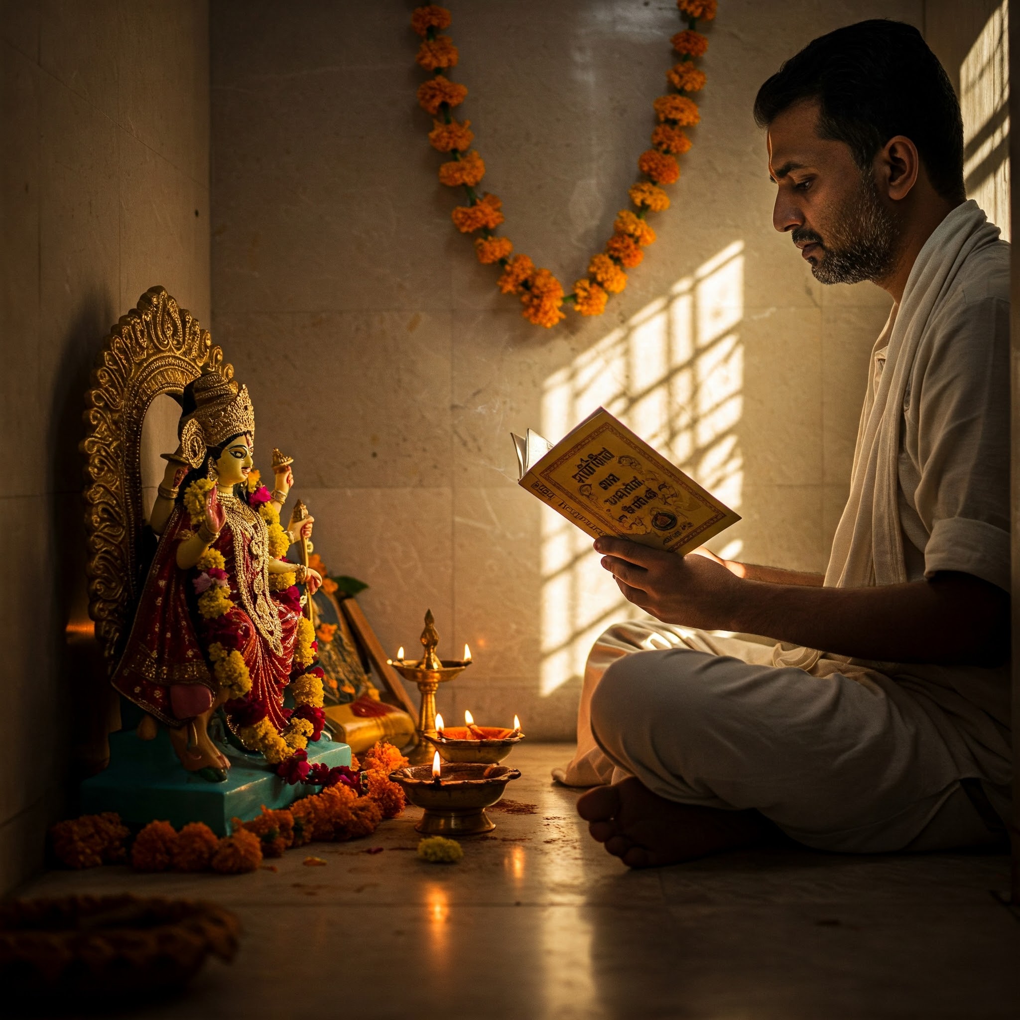 "एक भक्त पूजा स्थल पर दुर्गा चालीसा की पुस्तक लिए बैठा है, जलते दीये और माँ दुर्गा की मूर्ति के साथ, फूलों से सजा हुआ।"