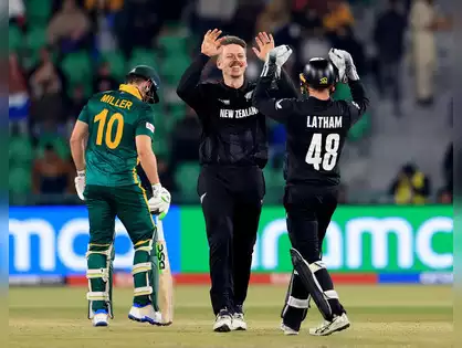 New Zealand team celebrates victory over South Africa in Champions Trophy 2025