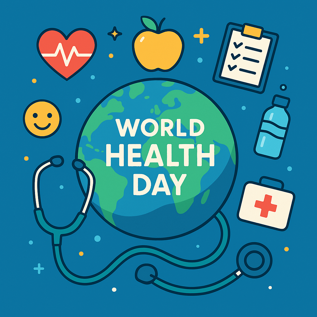 "A globe surrounded by medical and wellness symbols representing World Health Day."