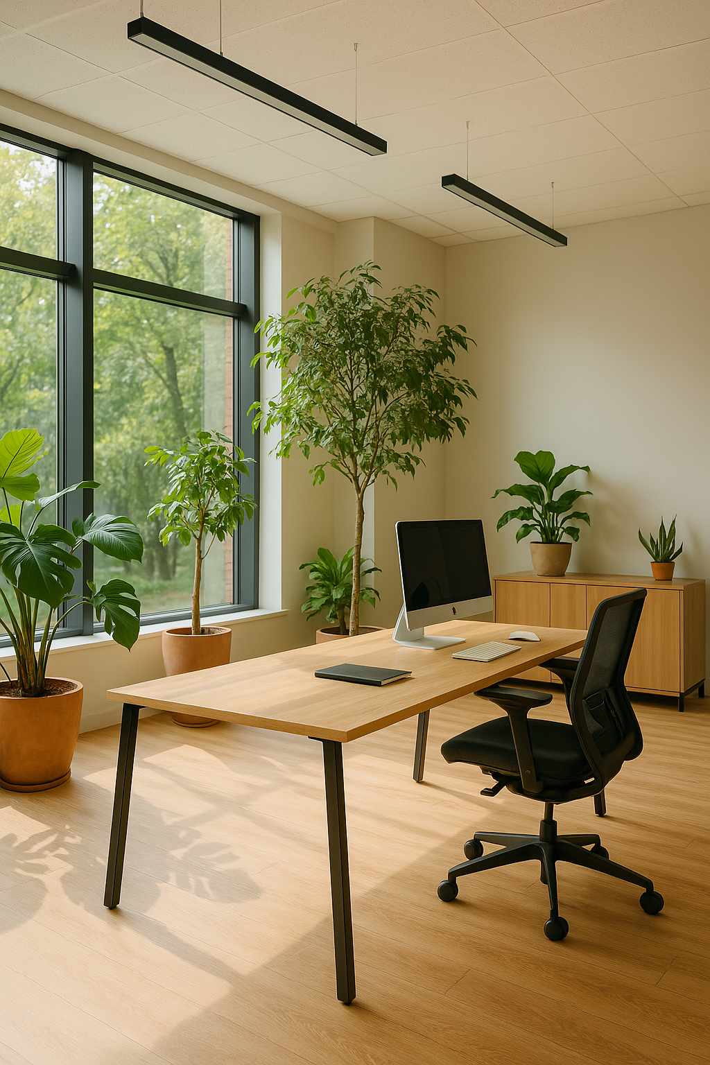 "A workspace with plants and ergonomic furniture, emphasizing environmental and occupational health.