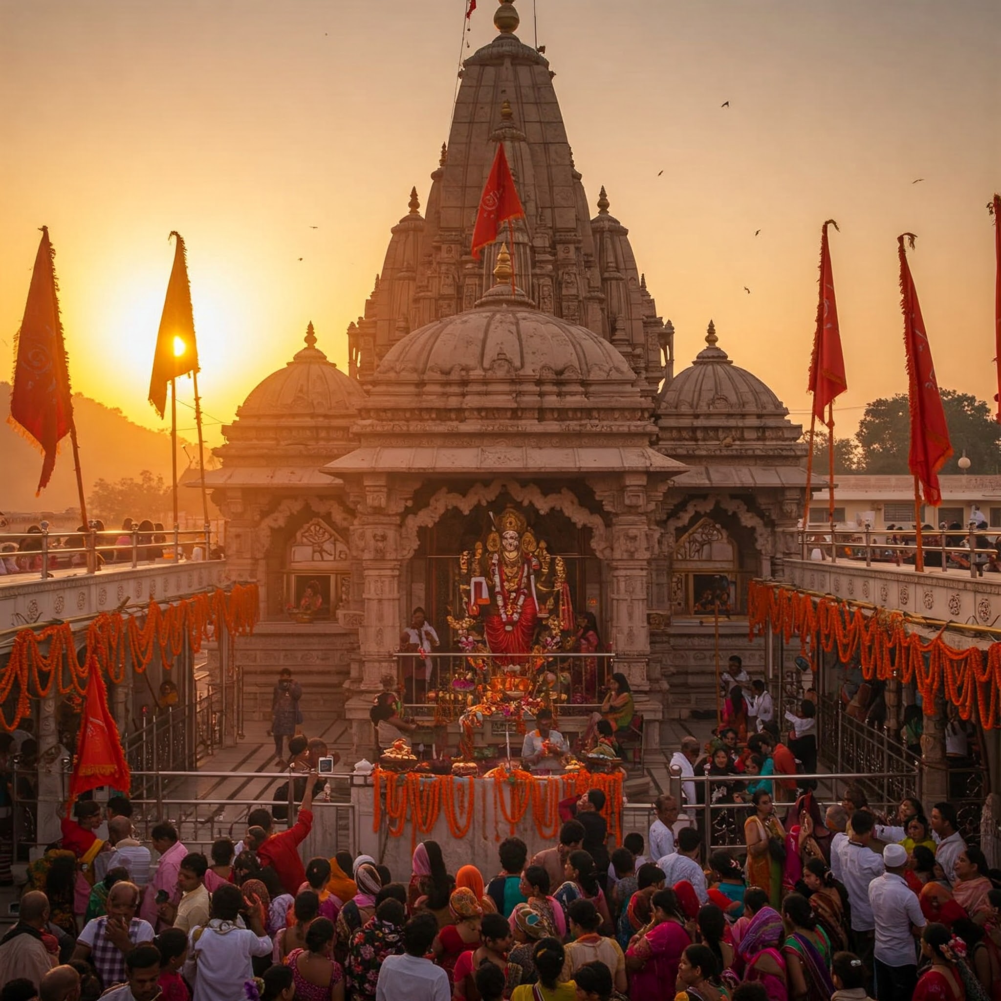 "विंध्याचल मंदिर में सूर्योदय, भक्त प्रार्थना करते हुए, लाल झंडे और फूलों की मालाएँ।"