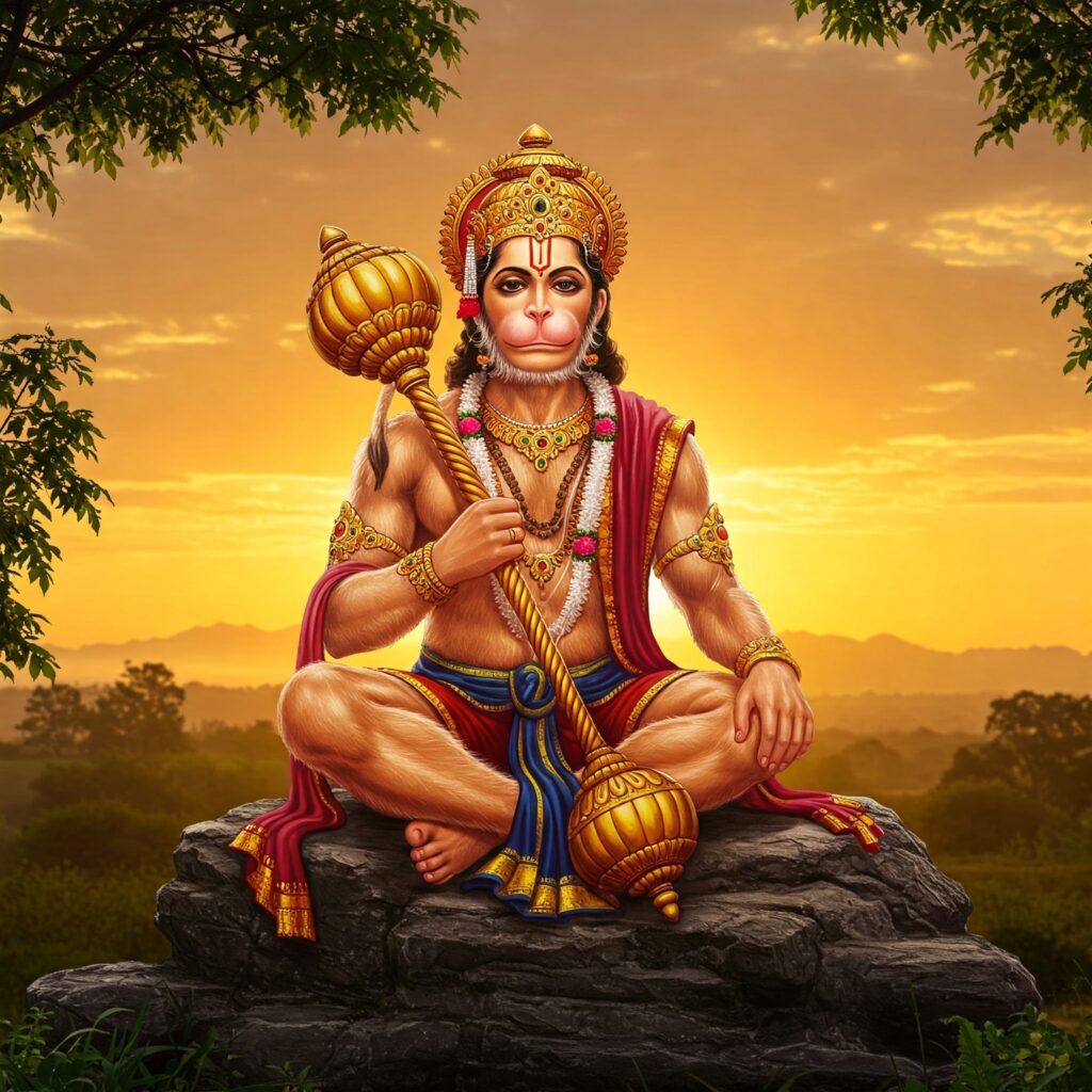 Ultra-realistic portrait of Lord Hanuman under a golden sunrise with lush greenery.