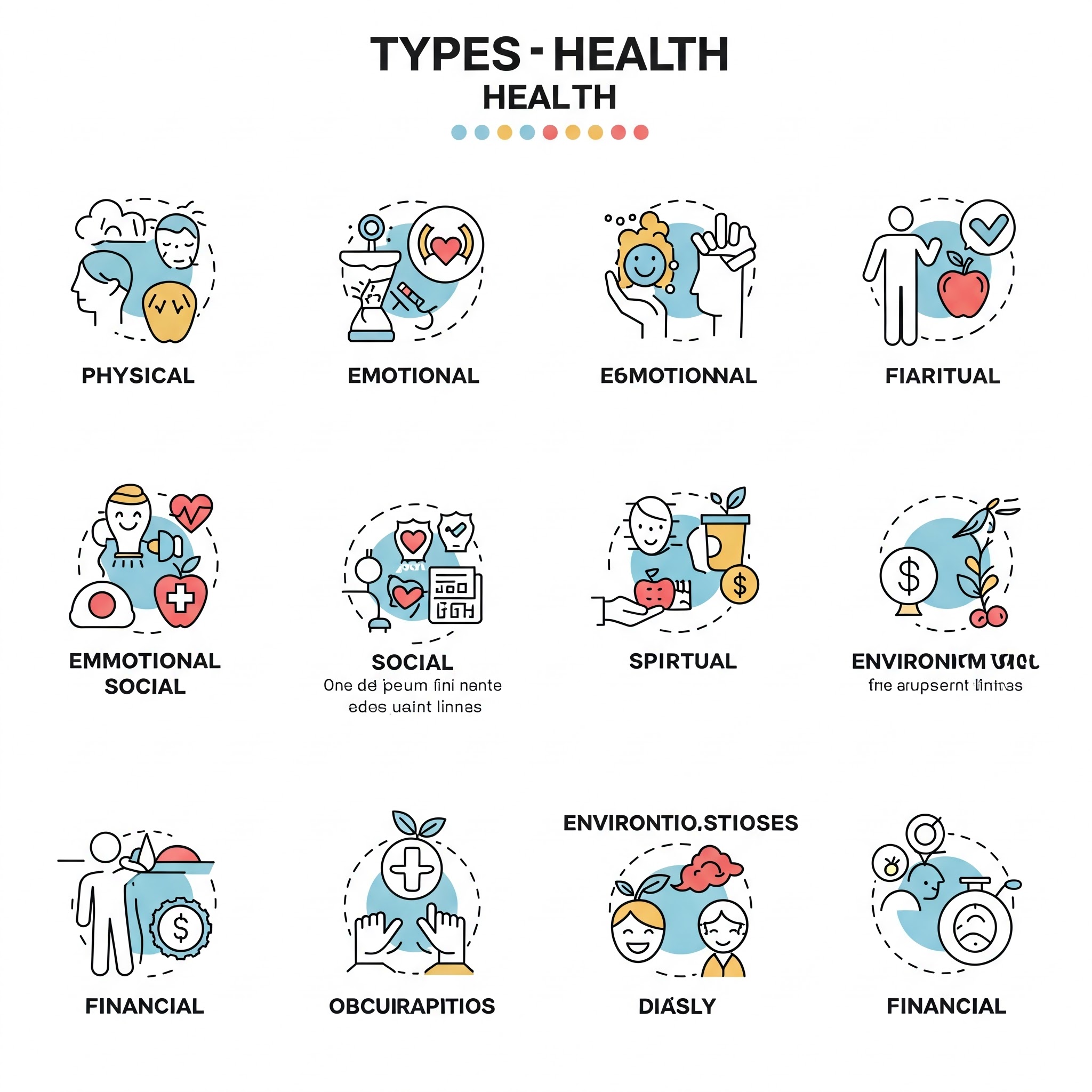Infographic displaying the eight essential types of health for overall well-being."