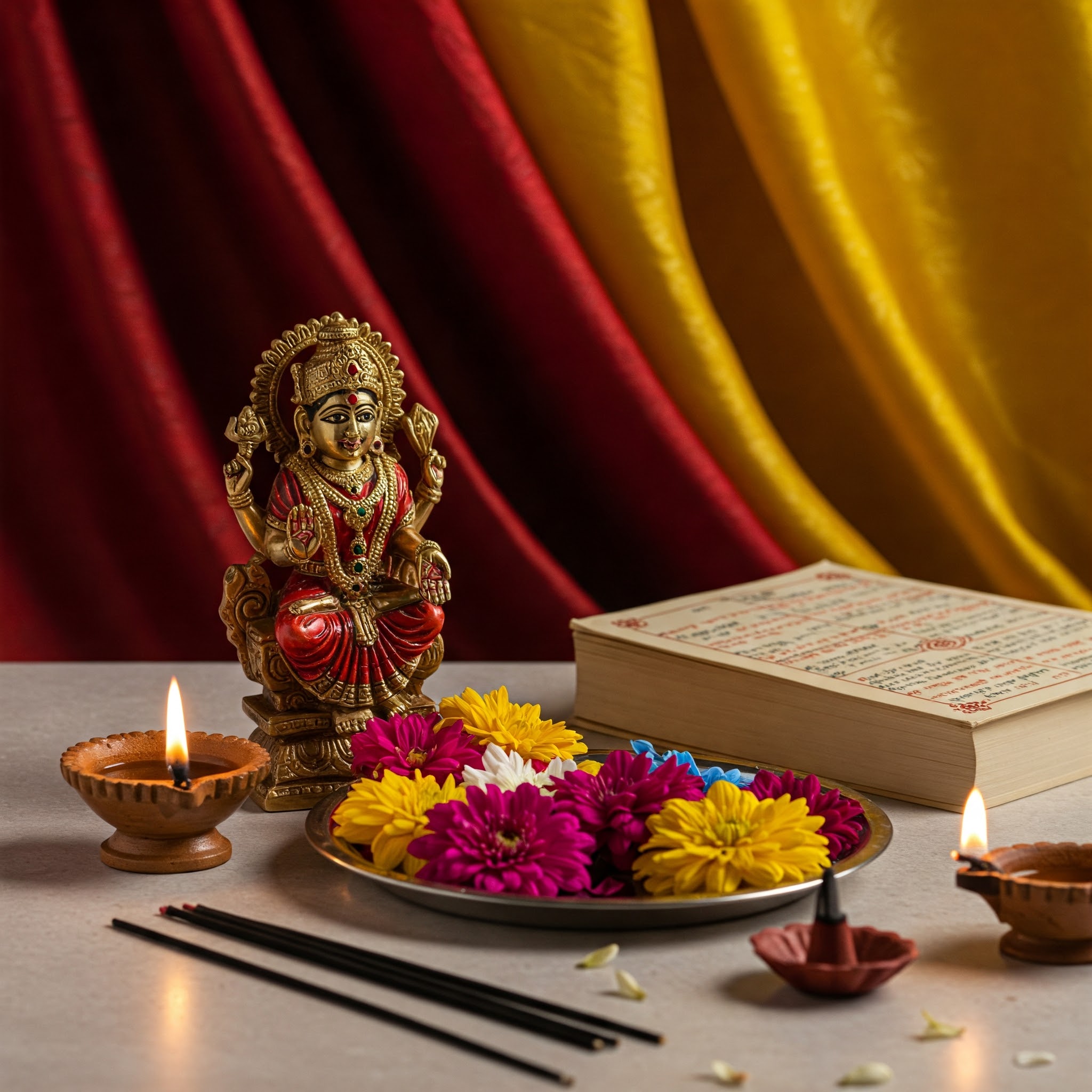 माँ विंध्येश्वरी की मूर्ति के सामने पूजा, दीया, अगरबत्ती और चालीसा की किताब।"