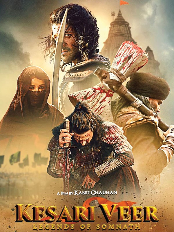 Kesari Veer poster with warriors holding weapons and the Somnath Temple in the background.
