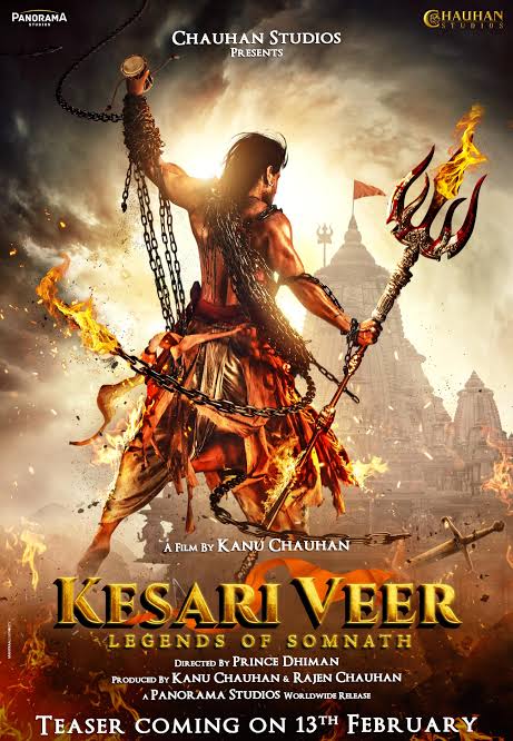 Kesari Veer poster featuring a warrior with a trident and chains against a fiery backdrop with Somnath Temple
