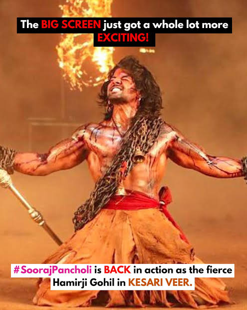 Kesari Veer poster with Sooraj Pancholi as Hamirji Gohil, chained and fierce, against a fiery background.
