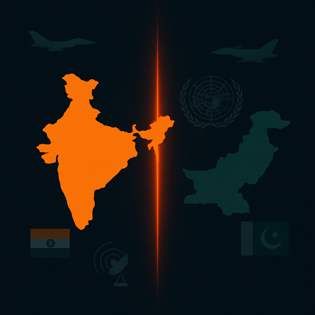 An abstract depiction of India and Pakistan maps divided by a red line, with military and diplomatic symbols on a dark background.
