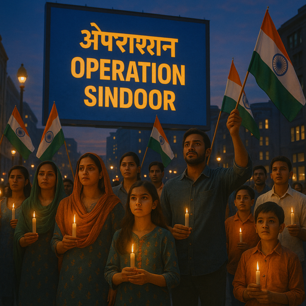A diverse group of Indian citizens holding candles and flags in a city square at twilight, with a billboard displaying “Operation Sindoor” in the background.