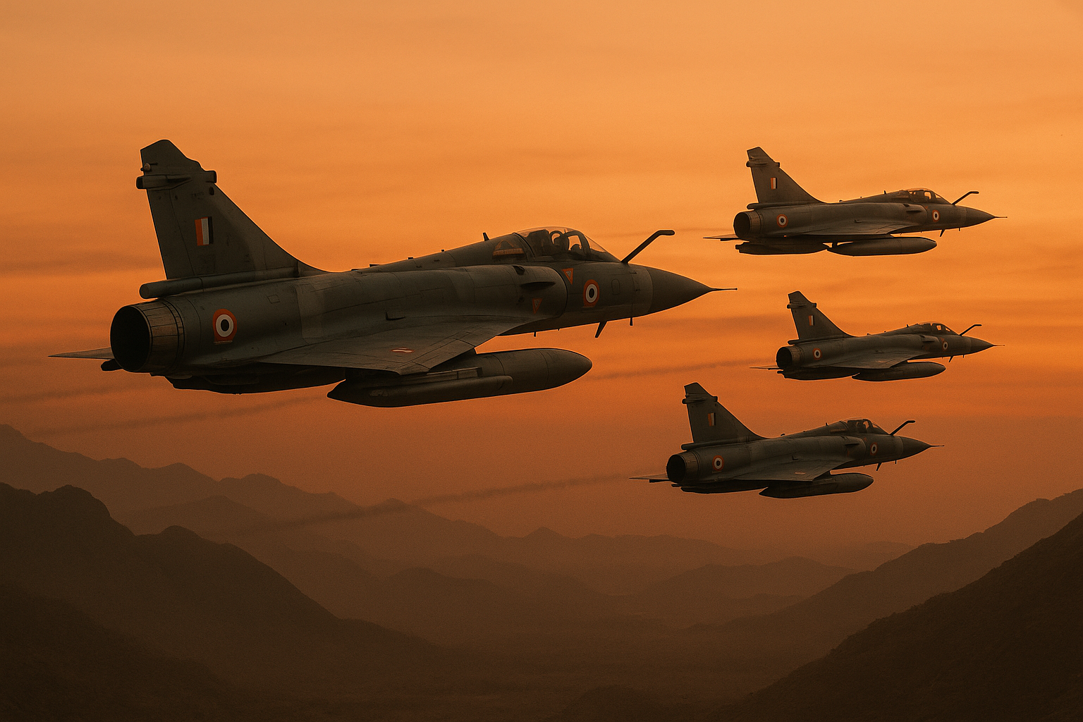 A cinematic view of Indian Air Force Mirage 2000 jets flying in formation over a mountainous landscape at dawn, with an orange sky and faint contrails.