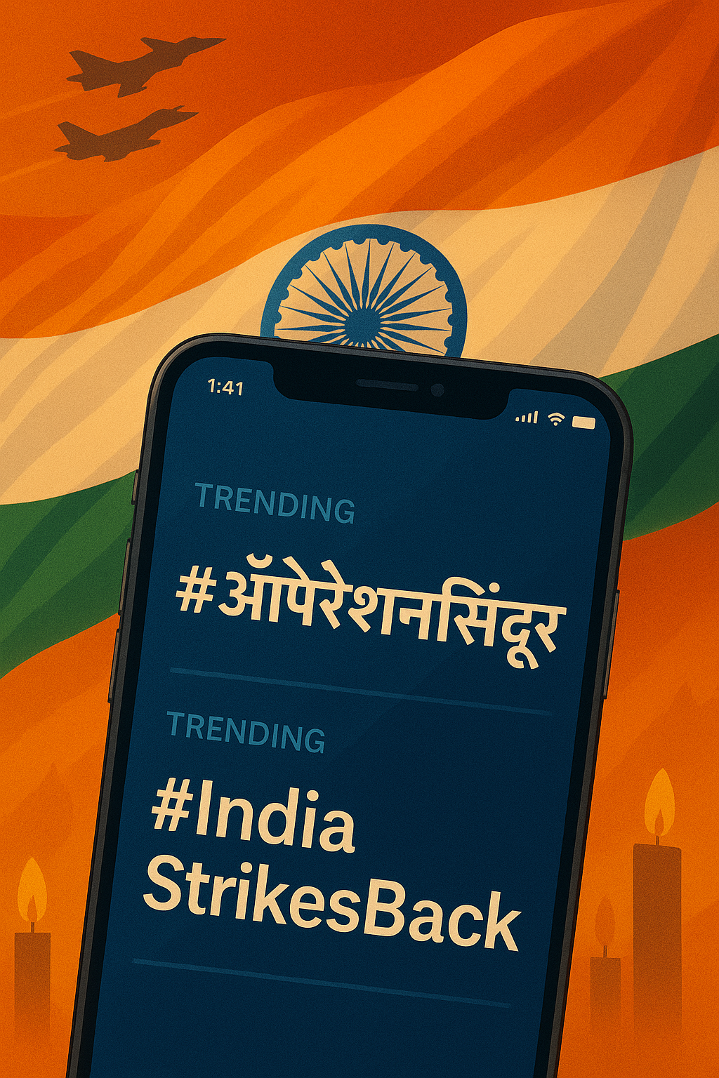 A smartphone screen displaying #OperationSindoor and #IndiaStrikesBack hashtags, with an Indian flag and jet silhouettes in the background.