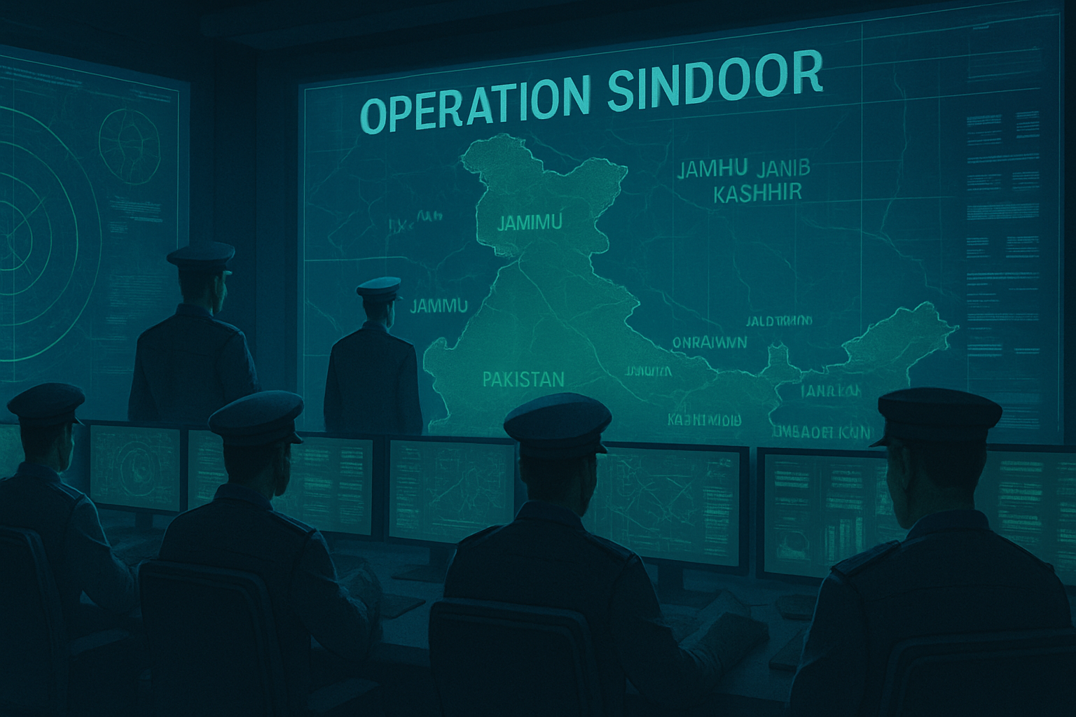 A high-tech Indian military command center with officers monitoring digital screens displaying maps, lit by blue and green hues.