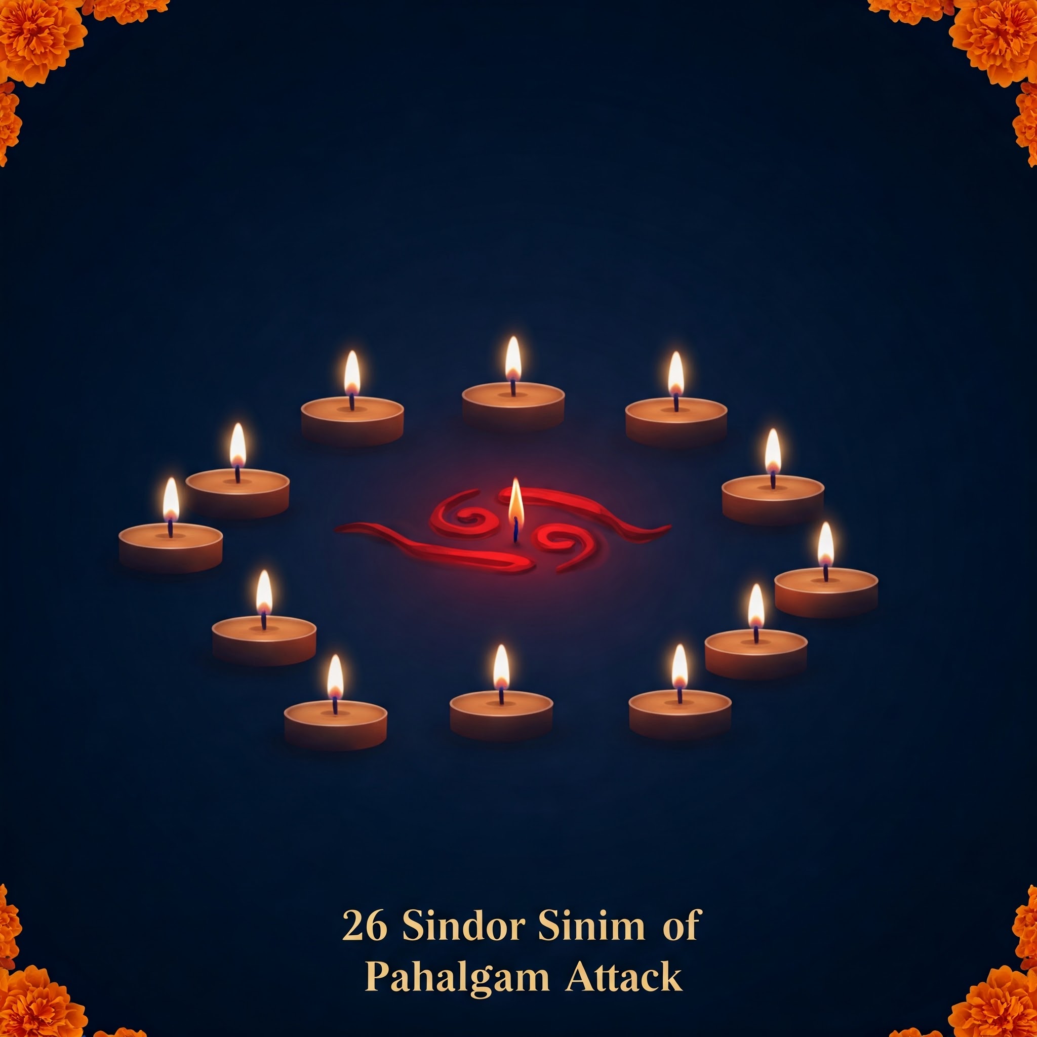 An illustration of a glowing sindoor mark surrounded by 26 candle silhouettes on a dark background, with marigold flowers in the corners.