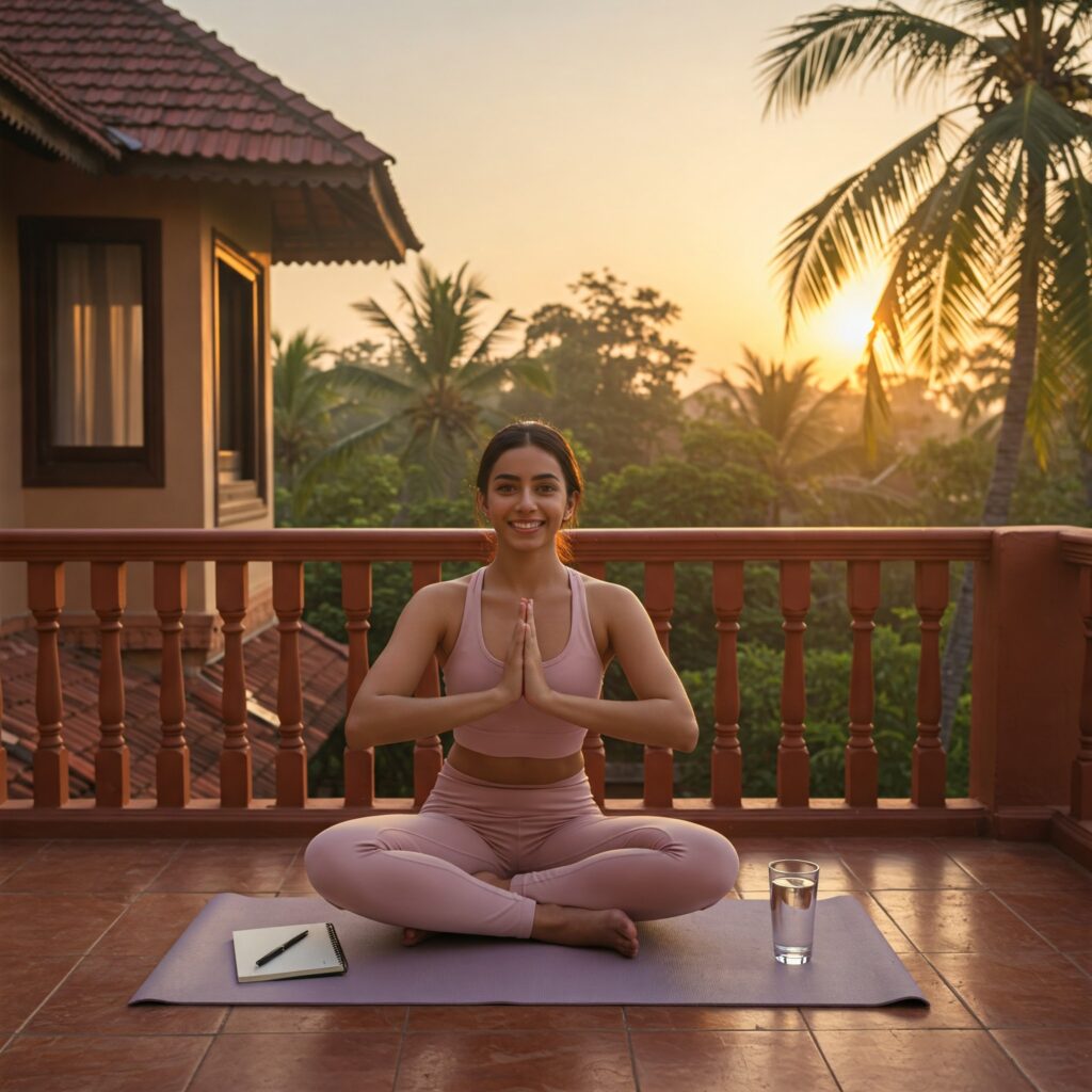 : A person practicing yoga on a balcony during sunrise, with a glass of water, notebook, and poha breakfast nearby, symbolizing a productive morning routine.