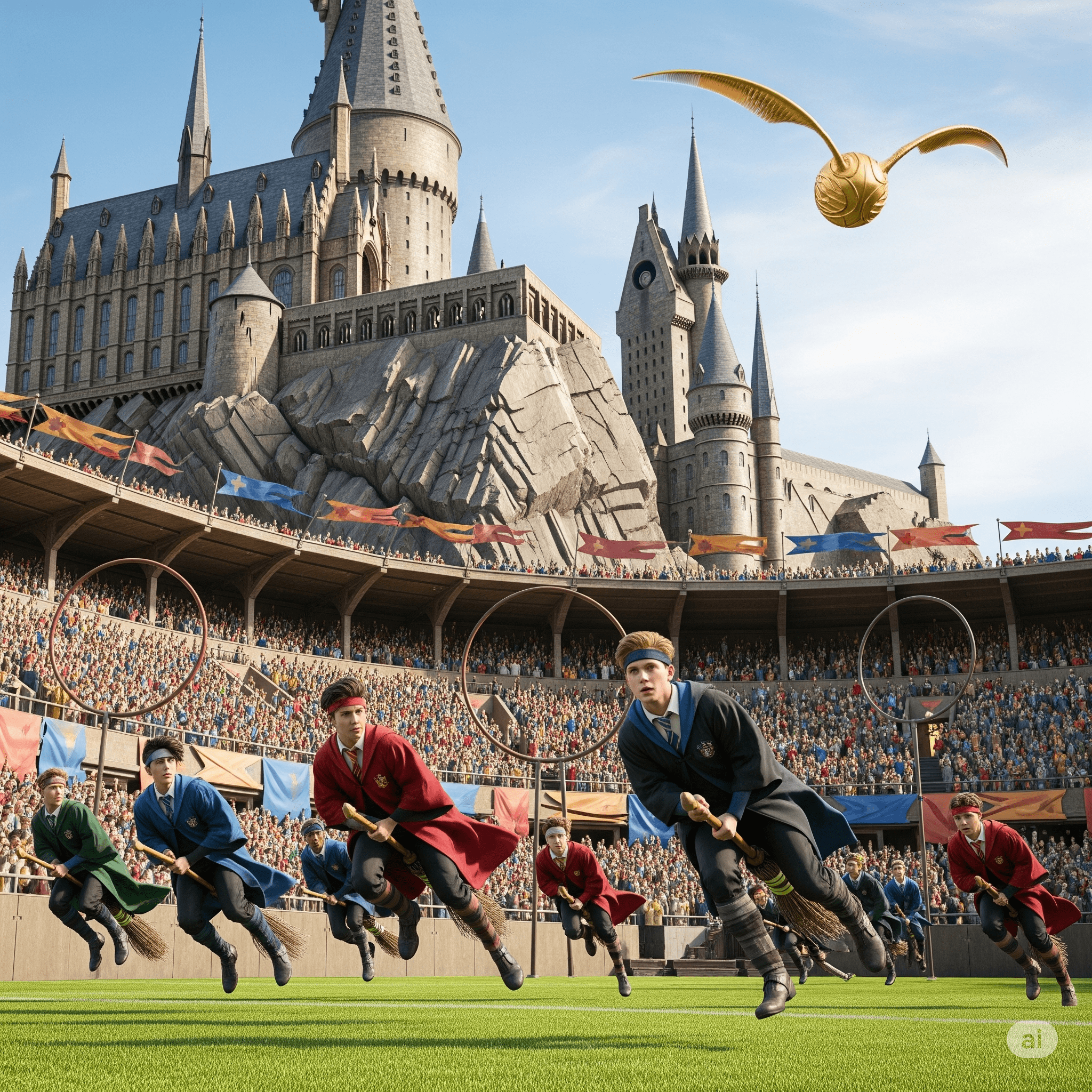 Quidditch match with players chasing the Golden Snitch and cheering crowds in HBO’s Harry Potter TV series at Hogwarts.