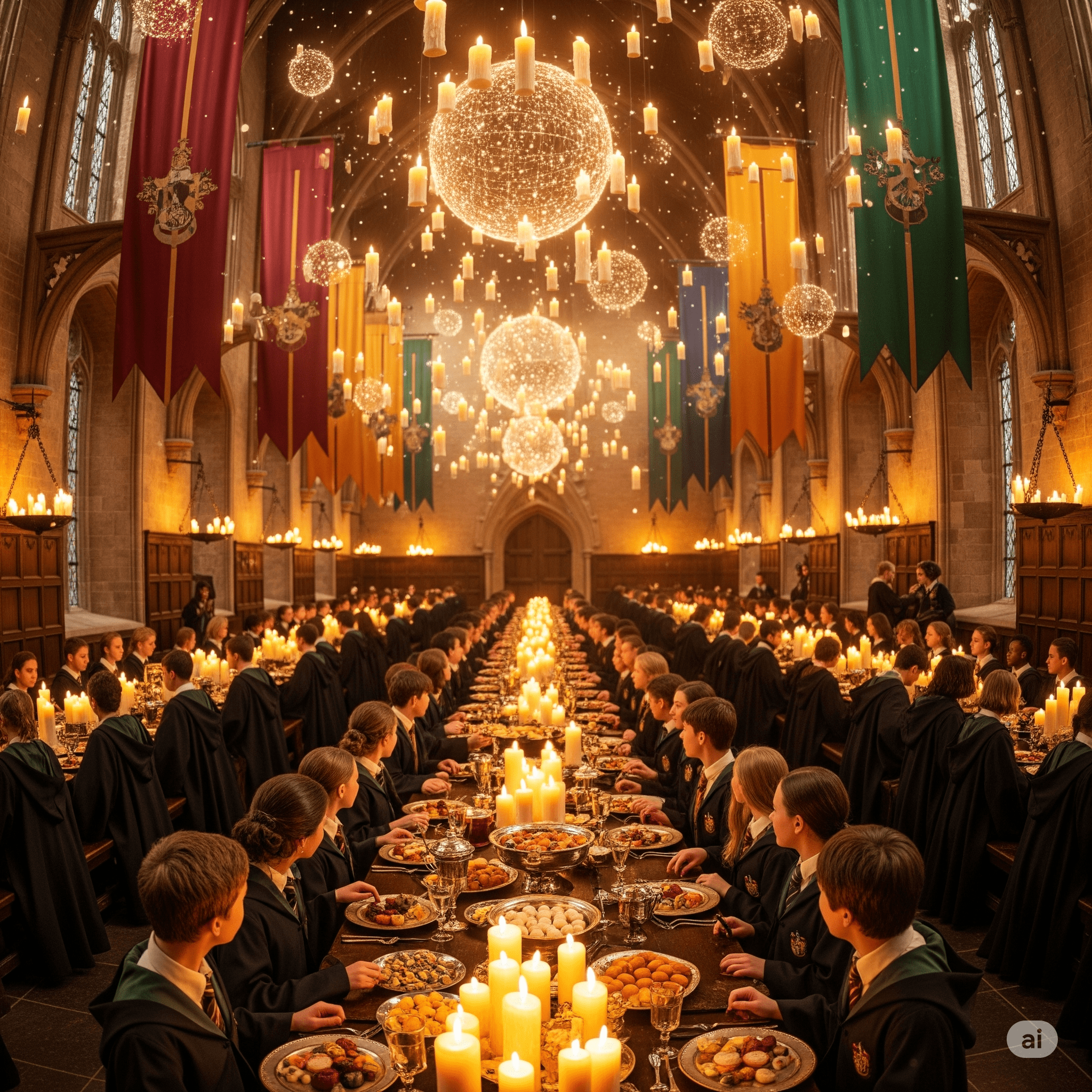 Students dining in the Hogwarts Great Hall with floating candles and house banners, set in HBO’s Harry Potter TV series reboot.