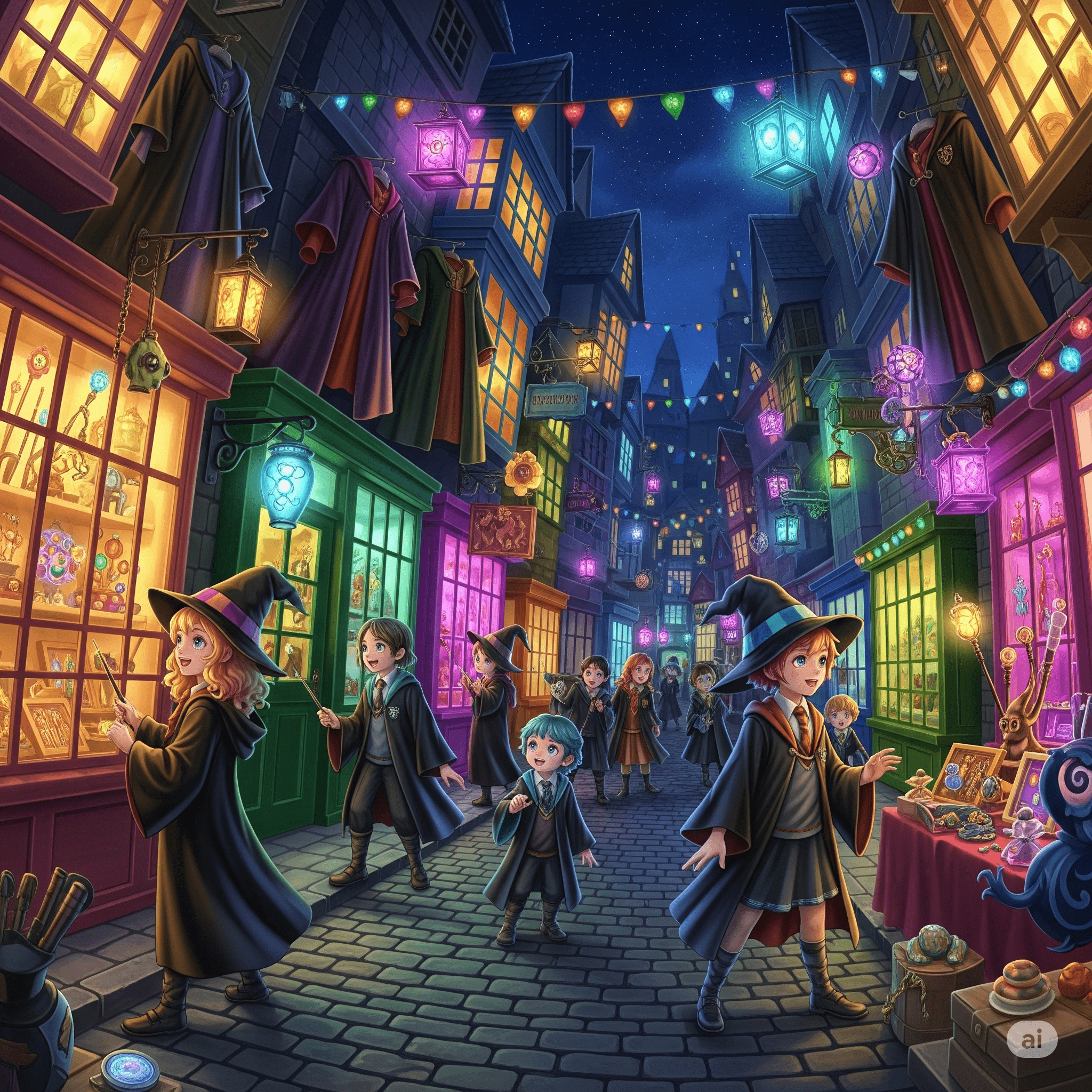 Diagon Alley’s bustling shops under a starry sky in HBO’s Harry Potter TV series, filled with witches and wizards.