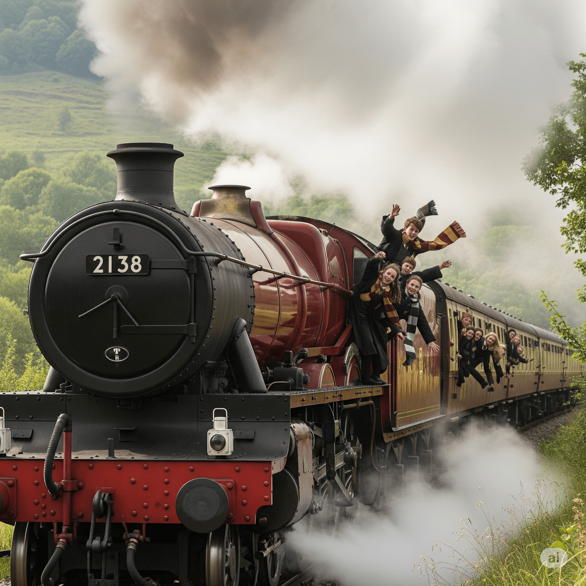 Hogwarts Express train traveling through a misty valley in HBO’s Harry Potter TV series, with students in house uniforms.