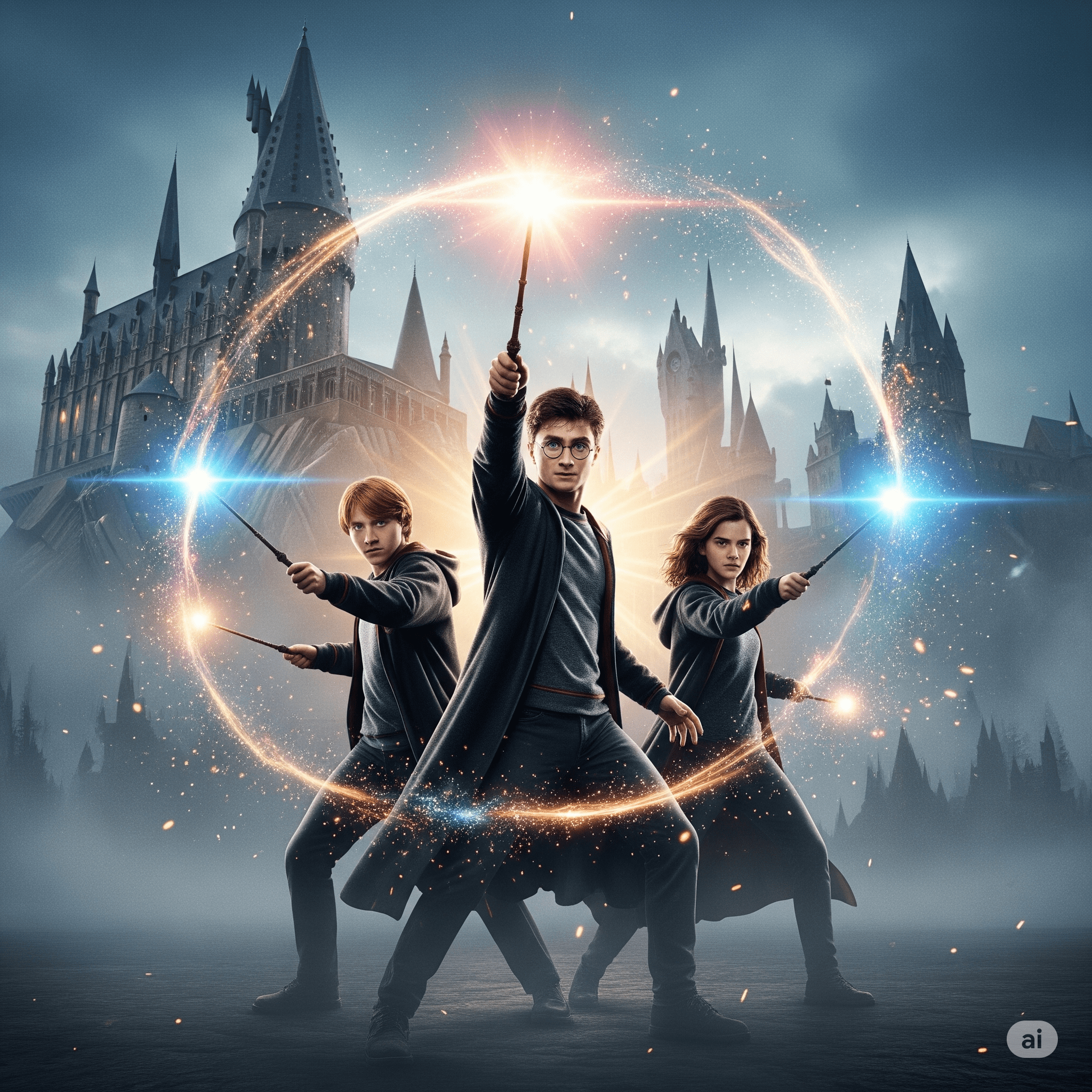 Harry, Ron, and Hermione casting spells in a misty Hogwarts scene from HBO’s Harry Potter TV series, featuring magical action.