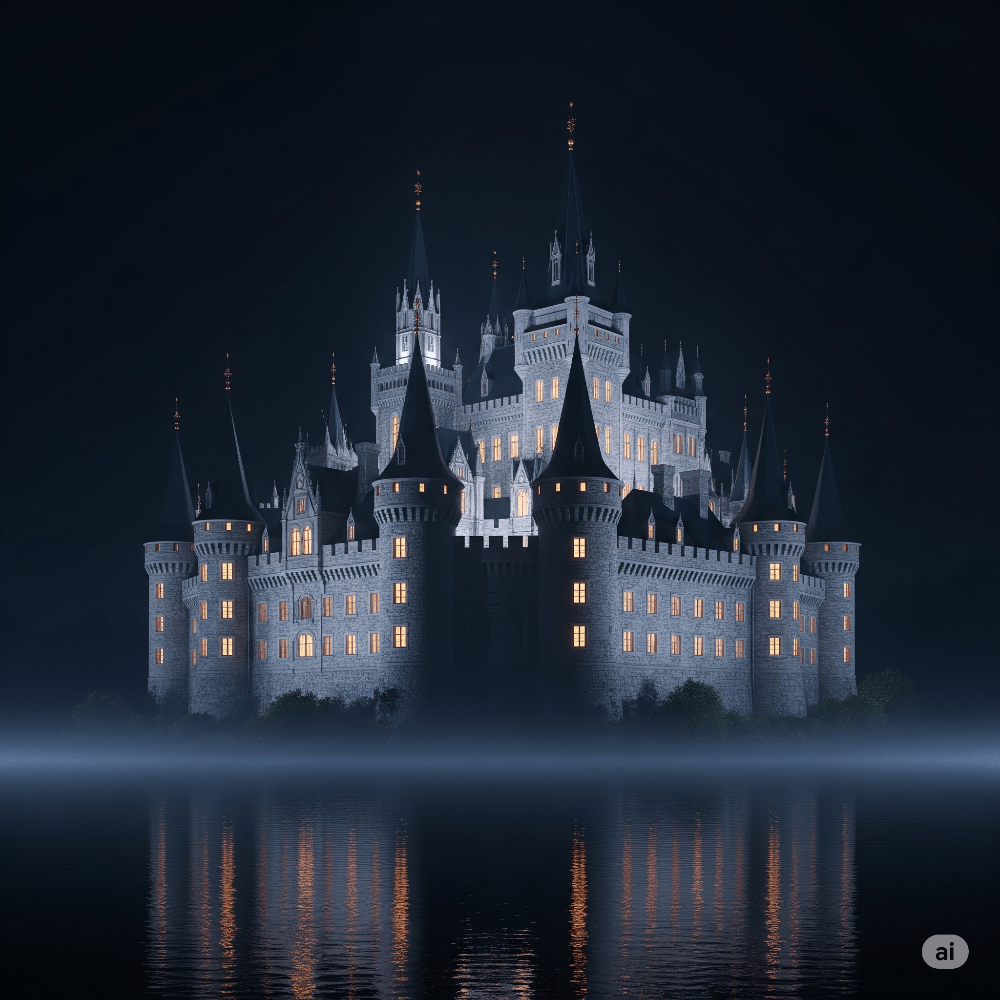 Hogwarts Castle glowing at night with misty lake in HBO’s Harry Potter TV series, showcasing magical architecture.